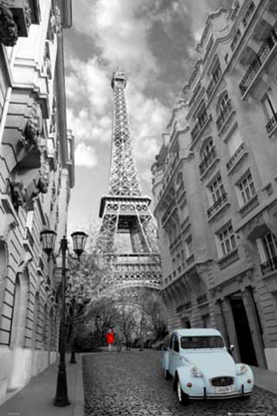 Paris - Poster - Rotes Kleid , Blaue Ente 2CV