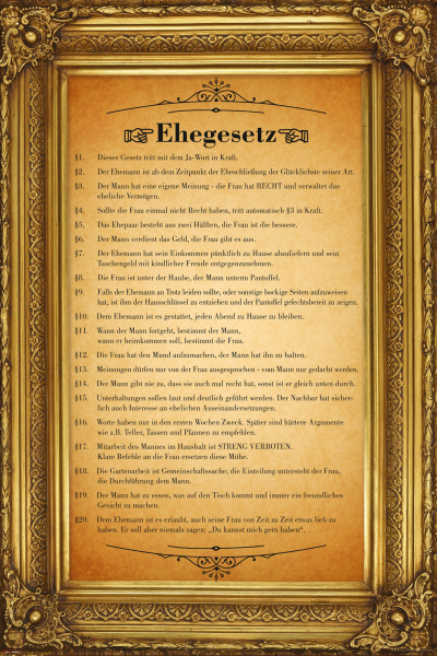 Ehegesetz - Poster - Urkunde mit gedruckten Barockrahmen