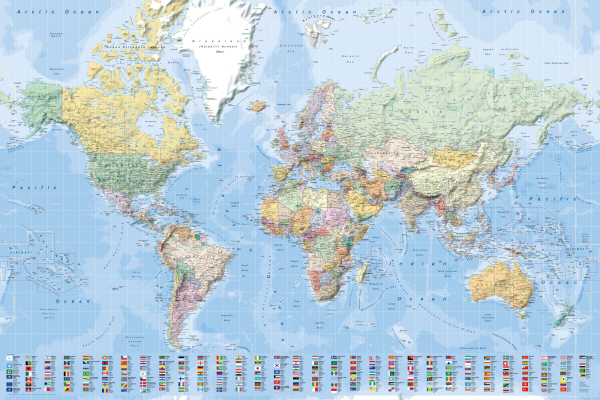Landkarten  - Poster - XL-Weltkarte mit Flaggen englisch / XL-World Map with flags english