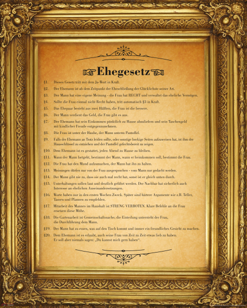 Ehegesetz - Mini-Poster - Urkunde mit gedruckten Barockrahmen