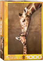 1000 Teile Puzzle - Puzzle - Giraffe mit Baby - der erste Kuss