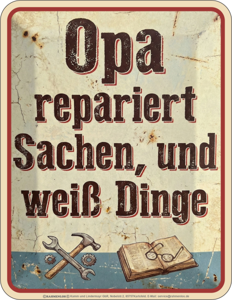 Bedrucktes Blechschild - Opa repariert