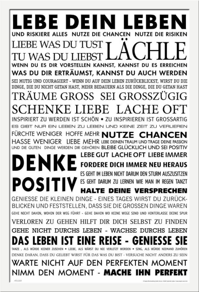 Motivational - Poster - Lebe Dein Leben + Wechselrahmen, Shinsuke® Maxi MDF weiss, Acryl-Scheibe